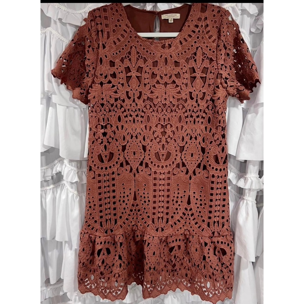 New Polagram Brown Crochet Lace Lined Drop Waist Flounce Dress, Size Large